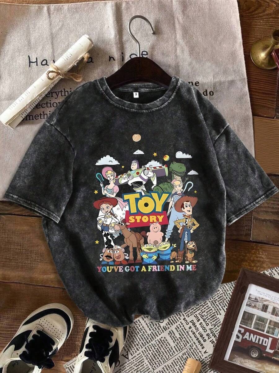 Disney Sheriff Woody And Friends Letter" Pattern Printed T-Shirt Summer Women's Fun T-Shirt Short Sleeve Top Printed Regular Fashion Niche Snowflake Washed T-Shirt - 黑色 - 查看 1