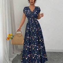 Women's Ditsy Floral V-Neck Sleeveless Waisted Maxi Dress - Multicolor - Ver 10