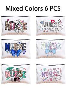 [Multiple Options] Nurse-Themed Colorful "NURSE" Letter And Medical Graphic (E.G. Stethoscope, Syringe) Decorated Cosmetic Storage Bag / "NURSING IS A WORK OF HEART" Heartwarming Slogan Print, White Canvas, Portable Multi-Function Toiletry Bag And Medical Supplies Storage Pouch Make Up Bag Cosmetic Bag Makeup Pouch Wash Bag Makeup Storage Durable Mothers Day Gift Holiday Essentials Mother Gifts - Multicolor - View 33