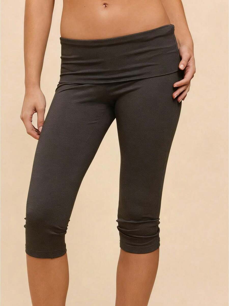 Womens Low Rise Capri Pants Fold Over Waistband Solid Color Slim Fit Cropped Pants Trousers - Gris Oscuro - Ver 1