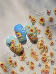 1/2 Bögen neue 5D geprägte Muschel Sonnenblumen Nagel Sticker, frischer japanischer Stil Ins, bunte Aurora Blumen Muster, selbstklebend leicht anzubringen, vielseitige Nageldekoration, mädchenhafte DIY Nail Art Accessoires - Verschiedenfarbig - Übersicht 6