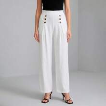 Women's Linen Trousers, Straight Cut - Elegant Design With Buttons RXOC - Multiple - View 2