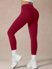NcmRyu 1pc Women's Solid Color High Waist Stretchy Slim Fit Workout Pants Sports - Red - View 6