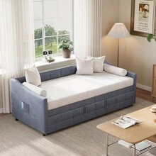 Superaly Canapé-lit extensible 90 x 200 cm, méridienne, lit multifonctionnel, lit capitonné, lit gigogne avec sommier à lattes et do-ssier, velours, sans matelas, gris - Gris - Voir 3