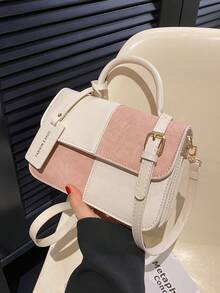 Square Dual-Color Handbag Accessory, Fashionable Patchwork Texture Handbag, Commuting Stylish Shoulder Crossbody Bag, Small Square Bag, Women's Bag With Patchwork Texture Personalized Contrast Color Flap Small Square Ladies Bag Retro - Multicolor - View 7