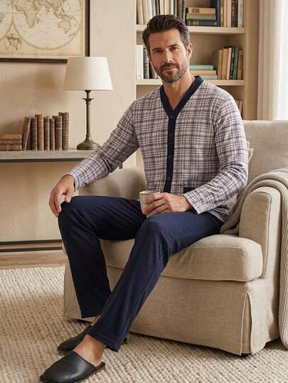 100% Cotton Men's Long Sleeve Top & Solid Pants Pajama Set, Casual Two Pieces Loungewear Sleepwear Set