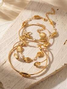 Bộ 5 vòng tay vỏ sò và sao biển phong cách Bohemian, vòng tay ngọc trai nhiều lớp dành cho nữ, thích hợp cho mùa hè đi biển, dự tiệc, hẹn hò, mua sắm, món quà mùa hè tuyệt vời nhất dành cho phái đẹp. - Vàng - Xem 3