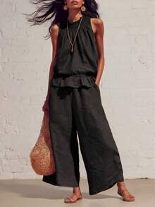 2026 Womens Multi-Color Linen-Blend 2-Piece Set Smocked Neckline Sleeveless Top & Wide Leg Pants Vacation Co-Ord - 黑色 - 查看 1