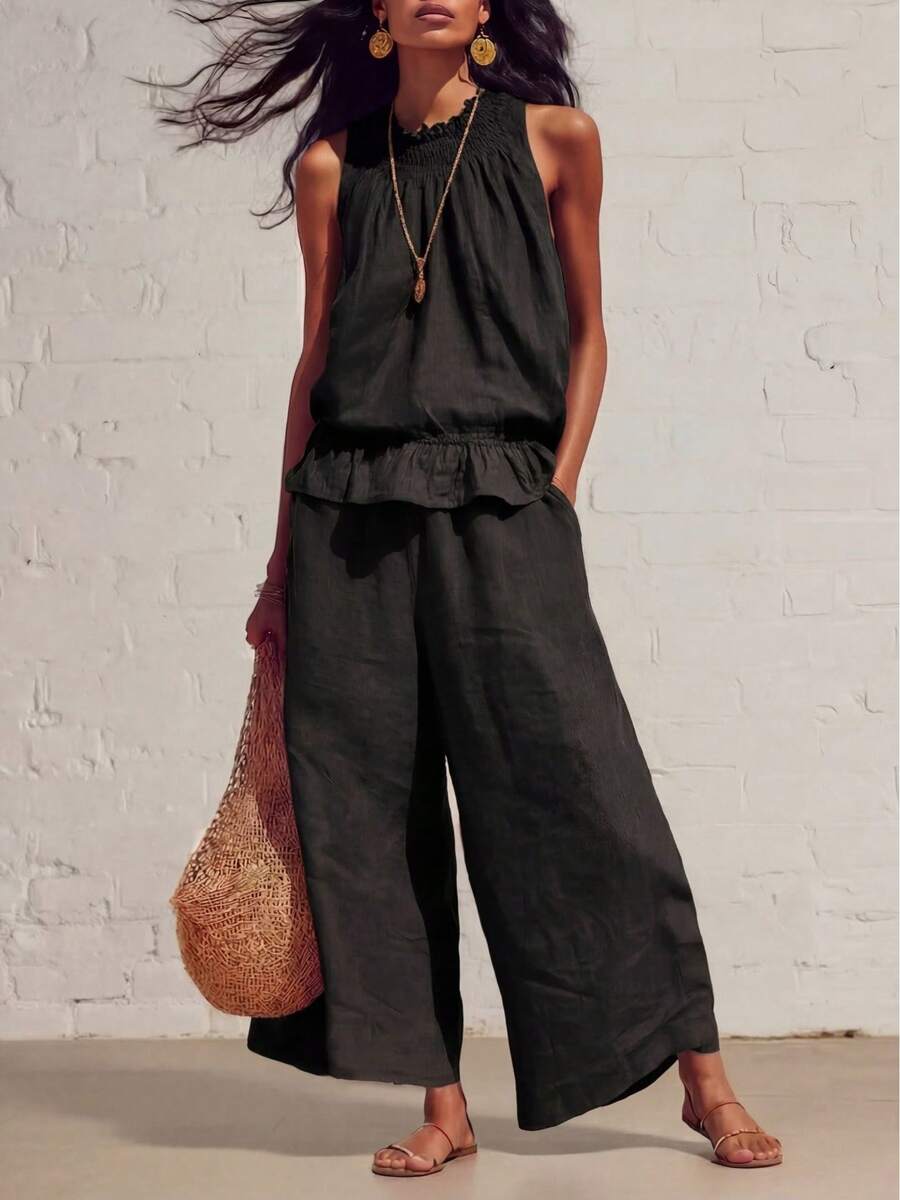 2026 Womens Multi-Color Linen-Blend 2-Piece Set Smocked Neckline Sleeveless Top & Wide Leg Pants Vacation Co-Ord - 黑色 - 查看 1