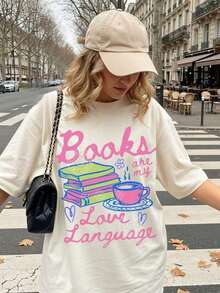 Valentines Day TShirt, Books Are My Love Language T-Shirt, Book Lover Gift, Romance Reader, Bookworm TShirt, Bookish Teesummer Outfit For Women - White - View 6