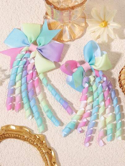 2pcs/Set Gradient Rainbow Curly Bow Hair Ties, Satin Scrunchies With High Elasticity, Versatile & Damage-Free For School/Party Hair Styling
