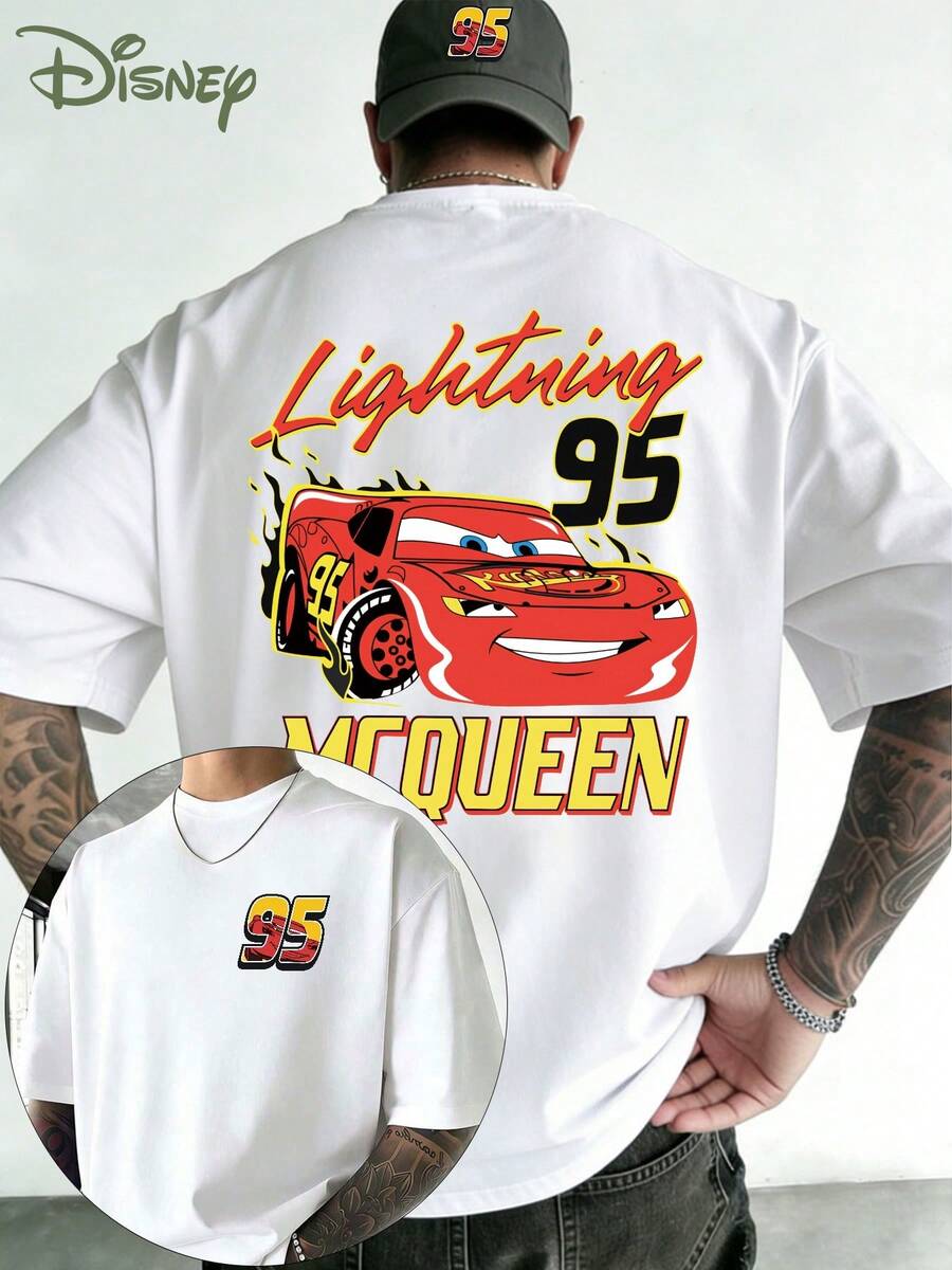 Pixar Cars Racing Movie Theme Blitz McQueen 95 Pattern Double-Sided Printed T-Shirt, High Quality 100% Cotton Short-Sleeve T-Shirt, Men's Breathable Cotton Short-Sleeve T-Shirt, Summer Casual Men's T-Shirt, Everyday Wear, Holiday Wear - 白色 - 查看 1