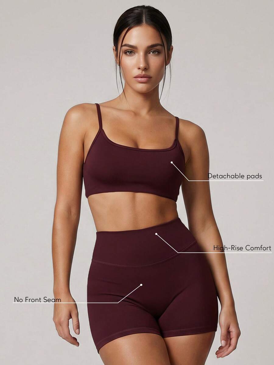 Sodalemon 2pcs Women's Fitness Set, Including Padded Sports Bra Without Straps, Seamless Outdoor Cycling Shorts, And Elastic Fitness Training Sportswear Set - 酒紅色 - 查看 1