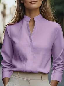 de unicolor de estilo europeo y americano de , diseño de cuello de satén, blusa elegante de manga larga y ajuste ceñido para primavera - Morado - Ver 6
