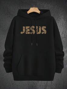 100% Cotton Kangaroo Hoodie With Jesus Print, Winter Sweatshirt - 黑色 - 查看 1