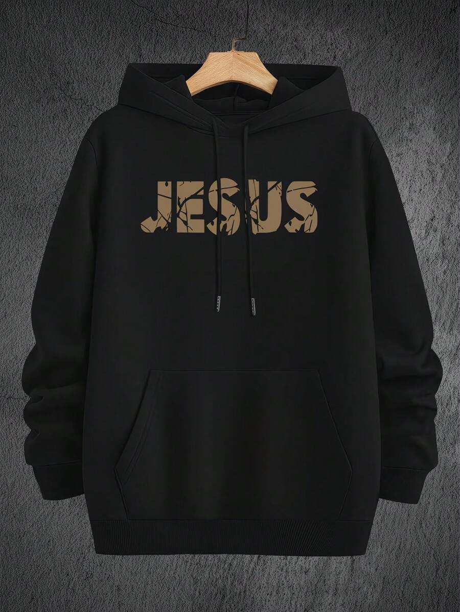 100% Cotton Kangaroo Hoodie With Jesus Print, Winter Sweatshirt - 黑色 - 查看 1