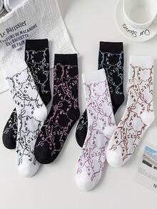6 Pairs Women's Cute Cat Print Mid-Calf Socks, Soft Comfortable Breathable Casual Crew Socks, Black & White Line Art Cartoon Pattern, All-Season Everyday Wear, Gift Idea - Black and White - View 3