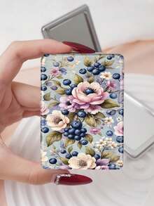 1pc Floral Countryside Vanity Folding Mirror, Compact Lightweight Portable PU Leather Hand Mirror, Suitable For All Occasions, Delicate Floral Rose Peony Tulip Blueberry Print Design, Foldable Rectangular Pocket Mirror - Multicolor - View 8