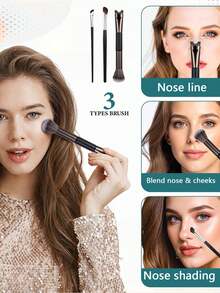 3 PCS Dual-End Nose Contour Brush For Makeup, 2-In-1 U-Shaped Contour Nose Brush, Fluffy And Angled Brushes Set For Sculpting, Defining, Highlighting And Blending - Dark Grey - View 6