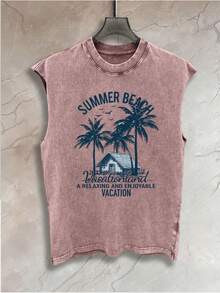 Men's Washed Summer Beach Coconut Trees This Printed, High-Street Style,  And Distressed Printed Vest Is Perfect For Outdoor Activities Like Fishin... - 咖啡色 - 查看 1