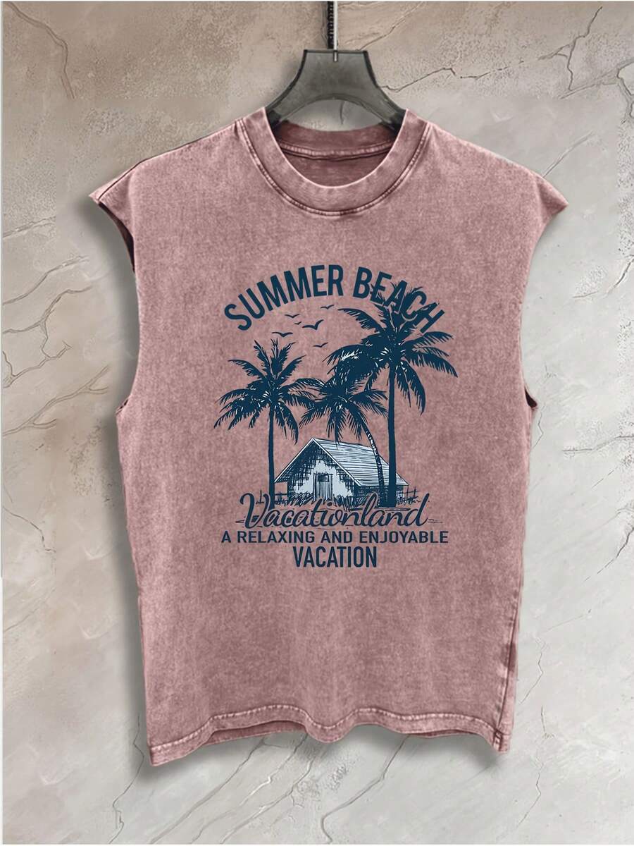 Men's Washed Summer Beach Coconut Trees This Printed, High-Street Style, And Distressed Printed Vest Is Perfect For Outdoor Activities Like Fishin... - 咖啡色 - 查看 1