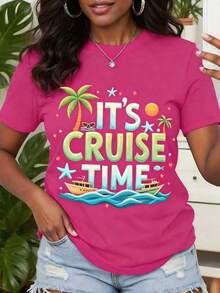 1pc, 2026 Summer, Hawaii Graphic Tee,Cruise Ship T-Shirt With It's Cruise Time Tropical Palm Tree And Boat Print Perfect For Vacation, Beach, And Summer Travel Outfits, Women's T-Shirts, Festive Celebration Wear, Graphic Tees Women, Summer Outfits, Graphic Tees Women, Summer Outfits For Women, Tshirts For Women Pink Blue Green Tops Cute Tops, Casual Women Outfits Beach Graduation Clothes - Màu Hồng Tươi - Xem 1