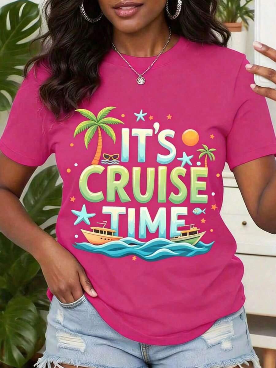 1pc, 2026 Summer, Hawaii Graphic Tee,Cruise Ship T-Shirt With It's Cruise Time Tropical Palm Tree And Boat Print Perfect For Vacation, Beach, And Summer Travel Outfits, Women's T-Shirts, Festive Celebration Wear, Graphic Tees Women, Summer Outfits, Graphic Tees Women, Summer Outfits For Women, Tshirts For Women Pink Blue Green Tops Cute Tops, Casual Women Outfits Beach Graduation Clothes - Màu Hồng Tươi - Xem 1