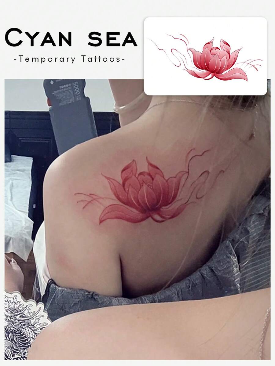 1张贴纸,中式禅意莲花云雾线条,临时纹身贴纸,适用于手臂、腹部和腿部,不反光,逼真纹身效果,适合人群,日常使用,可持续3-5天 - 玫紅色 - 查看 1
