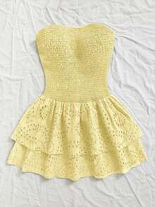 Vestido elegante de estilo de vacaciones con pliegues, sin mangas, tubo, cintura ceñida, hueco, bordado y volantes en el bajo en color azul marino - Amarillo - Ver 5