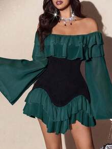 Vestido mini de manga larga con volantes y mangas acampanadas, de talla grande, elegante, romántico y sexy, con parches en blanco y negro, de gasa fluida y con hombros descubiertos, para primavera/otoño - Multicolor 2 - Ver 4