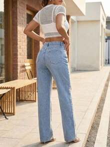 Women's Pearl Beaded High Waist Wide Leg Jeans Light Blue Washed Denim Pants Streetwear--Perfect For Daily / Holiday / Date / Vacation / Party / Beach / Getaway / Everyday / Night Out/Mothers Day Outfit - 輕洗 - 查看 5
