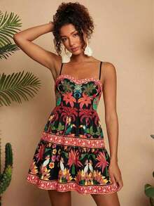 Vestido corto de verano con tirantes de espagueti y estampado de gasa para mujeres - Caqui - Ver 11