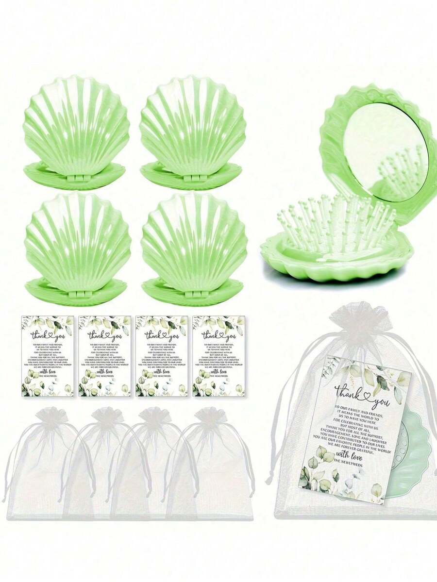 12pcs/4sets Shell Shaped Mirror & Comb 2-In-1 Set, Includes 4 Shell Mirrors, 4 Thank You Cards, And 4 Organza Bags, Suitable For Weddings, Bachelorette Parties, And Hen Parties - Multicolor - View 1