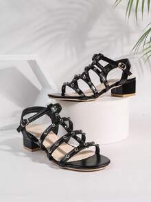 Summer New Rivet Thick Heel Roman Sandals For Women, Hollow Buckle Low Heel Sandals, Retro Punk Style Open Toe Sandals, Versatile Slimming Commuter Shoes, Non-Slip Soft Bottom Holiday Beach Shoes - Black - View 5