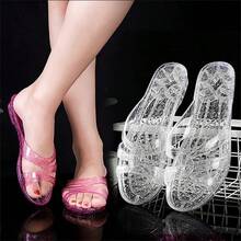 Dép lê nữ đế thấp bằng nhựa, trong suốt đính pha lê, kiểu dáng thanh lịch, thích hợp mang trong nhà, đế xuồng nhẹ, kiểu dáng liền thân, thích hợp cho mùa hè. - màu đỏ hồng - Xem 4