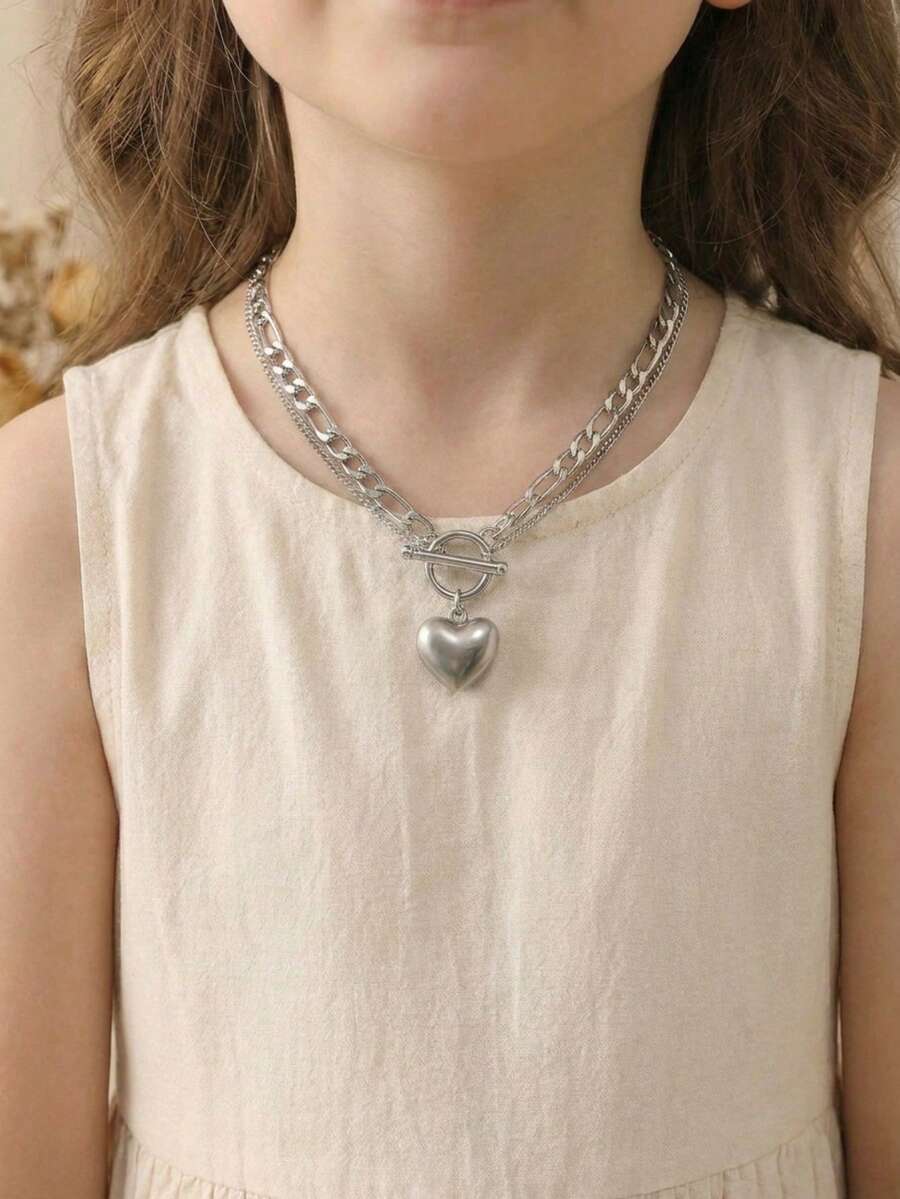 1pc Fashionable Heart Pendant Stainless Steel Necklace, Suitable For Teenagers, Boys, Girls, Punk, Hip-Hop, Street Style, Daily Wear - Silver - View 1