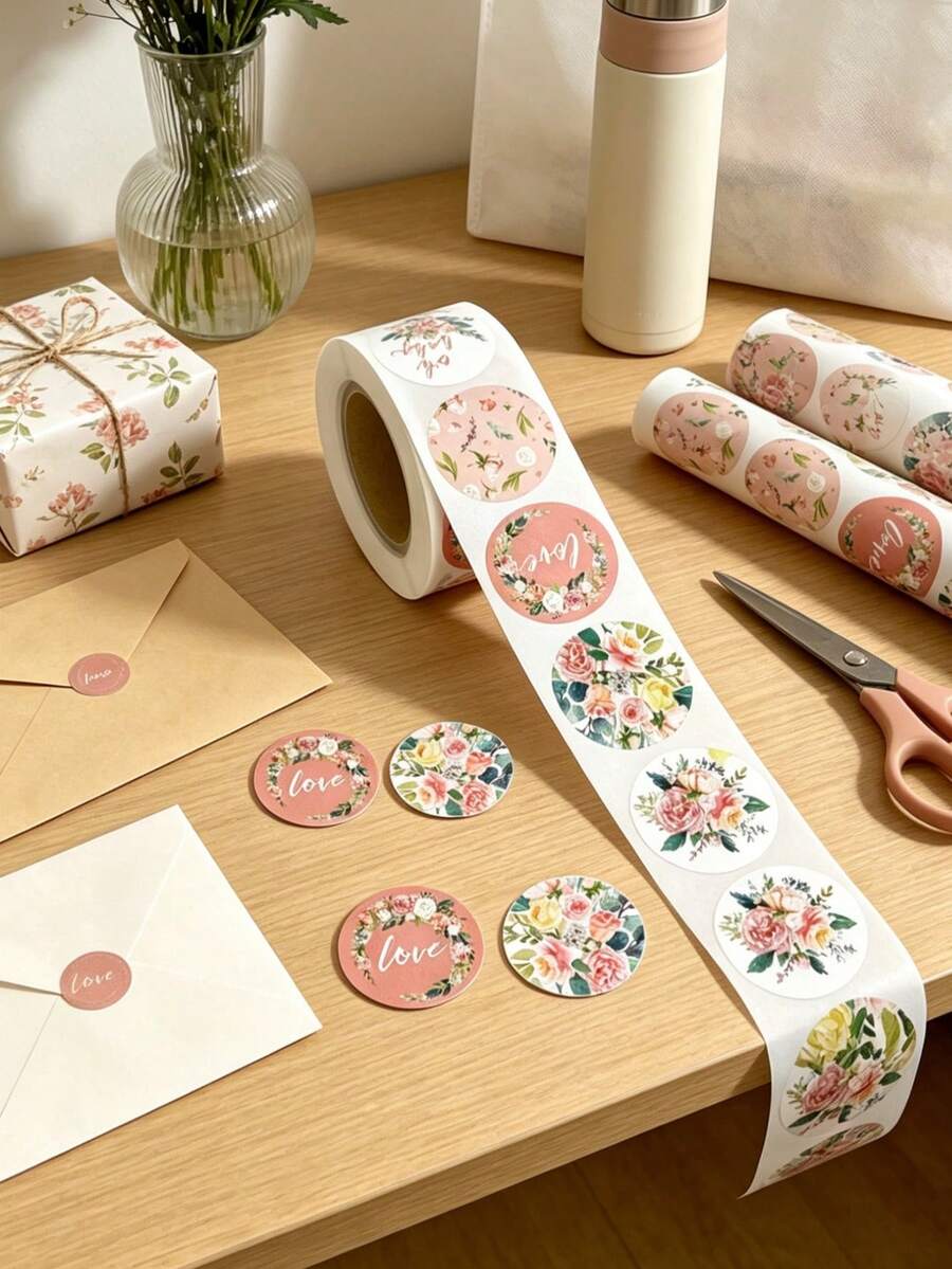 500pcs/Roll Floral Thank You Stickers, Suitable For Notebooks, Guitars, Refrigerators, Skateboards, Planners, Envelopes, Cards Decoration, Mother's Day Stickers - Sticker - View 1