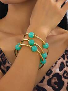 3pcs/Set Fashionable Minimalist Round Elastic Stackable Green Bangle Bracelets, Suitable For Women's Daily Wear, Suitable For Evening Gala, Dates, Parties And Holiday Gifts - Bracelet - View 1
