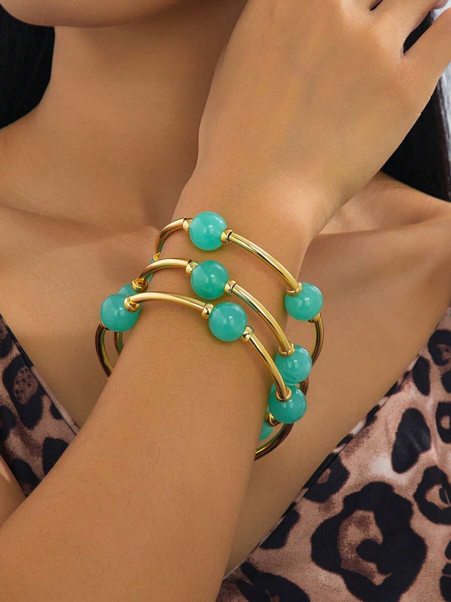 3pcs/Set Fashionable Minimalist Round Elastic Stackable Green Bangle Bracelets, Suitable For Women's Daily Wear, Suitable For Evening Gala, Dates, Parties And Holiday Gifts - Bracelet - View 1