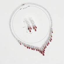 3pcs/1set Elegant Silver-Tone Red Cubic Zirconia V-Neck Necklace And Drop Earrings Set, Bridal & Wedding Jewelry For Women - Jewelry Sets - View 9