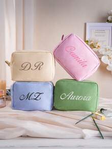 客製化刺繡格紋化妝包，伴娘禮物袋，字母字母圖案化妝包，格紋化妝包，女性禮物，新娘派對禮物袋 - 彩色 - 查看 5
