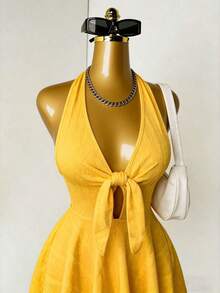 Vestido de verano de unicolor con escote halter y espalda descubierta para mujer - Amarillo - Ver 5