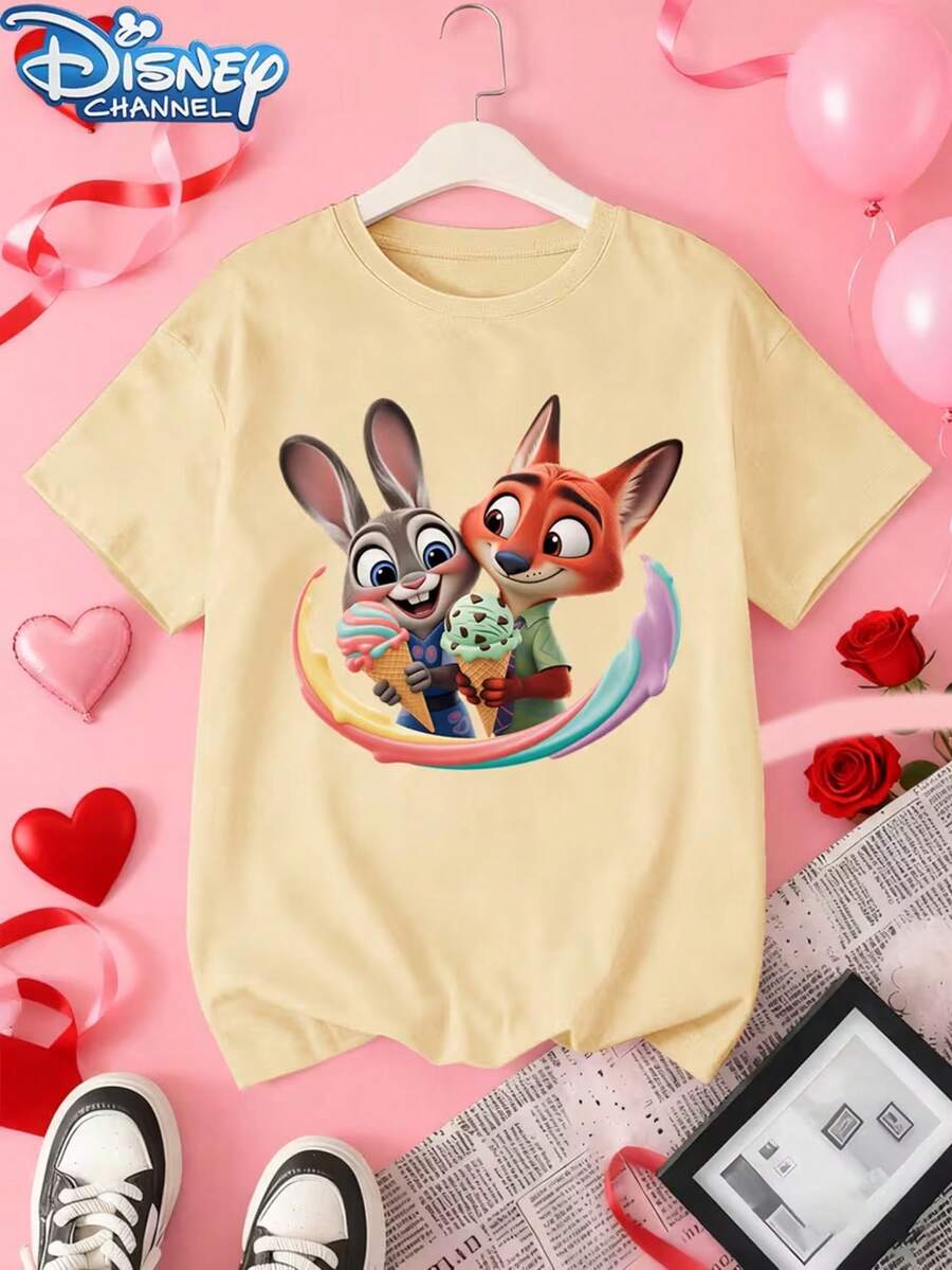 Genuine Disney Authorized Zootopia Role & Ice Cream Theme Printed Casual Men's And Women's T-Shirts, Suitable For Spring, Summer And Autumn, New Ladies' Casual Wild Retro T-Shirts. - Apricot - View 1
