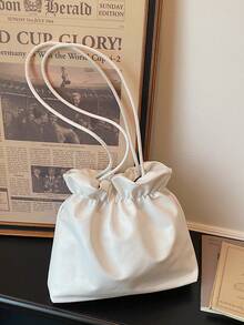 1 Stück minimalistischer weißer Kordelzug Eimer Tasche, Tasche mit weicher Lederoptik, große Kapazität Schultertasche, lässige vielseitige Tasche für Alltag, Arbeit und Einkaufen für Frauen - Weiss - Übersicht 13