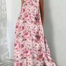 Plus Size Women Floral Print Romantic Vacation Sleeveless Dress, Spring/Summer Pink Elegant - Rosa - Ver 1