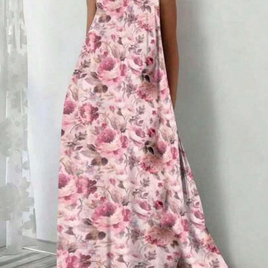 Plus Size Women Floral Print Romantic Vacation Sleeveless Dress, Spring/Summer Pink Elegant - Rosa - Ver 1