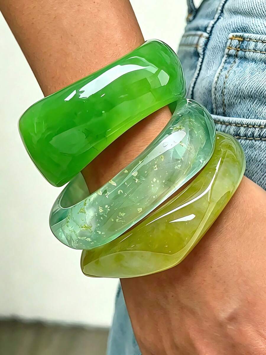 Bộ 3 vòng tay nhựa tối giản thanh lịch, màu xanh nhuộm tie-dye, phù hợp cho nữ giới đeo riêng hoặc kết hợp nhiều vòng, lý tưởng cho sử dụng hàng ngày, đi nghỉ mát, dự tiệc và đám cưới. - màu xanh lá - Xem 1