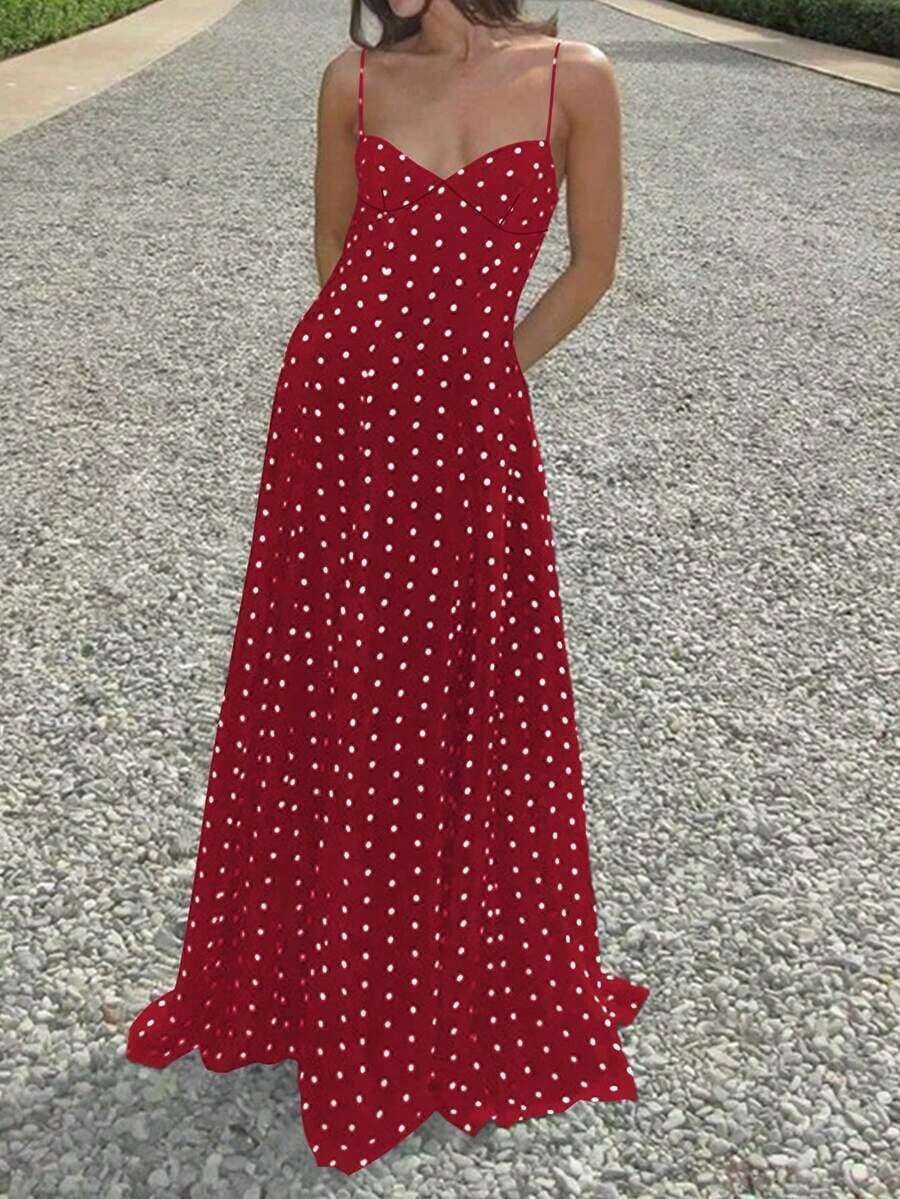 Vestido de verano elegante sin mangas con escote en V y estampado de lunares para mujer, color negro - Rojo fuego - Ver 1