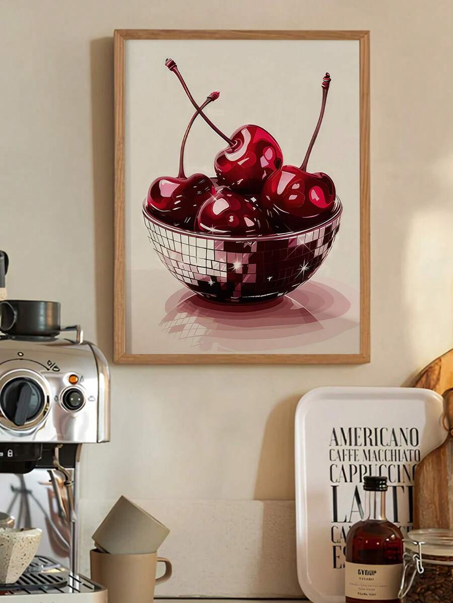 1pc Unframed Disco Cherry Art Print - Modern Poster Suitable For Kitchen Wall Decor, Housewarming Gift - Minimalist Cherry Print - Abstract Style a - View 1