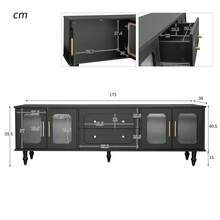 Mobile porta TV basso in stile retrò: maniglie dorate, ampio spazio contenitivo. Con a nta in vetro e gambe in legno massello. - nero - Visualizzare 7